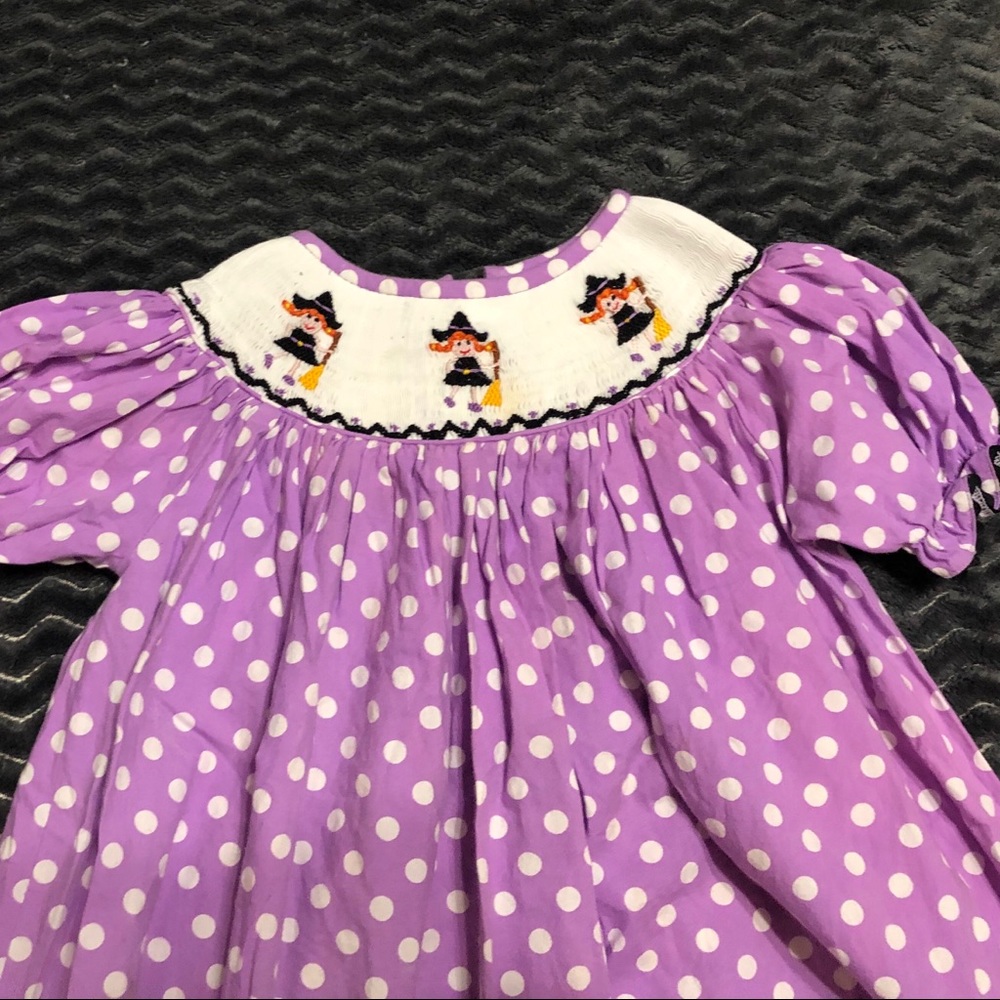 Purple polka dot witch smocked dress